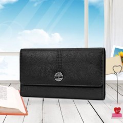 【Timberland】女皮夹 长夹 牛皮夹 上翻暗扣钱包 多卡夹+拉炼零钱袋 手拿包／黑